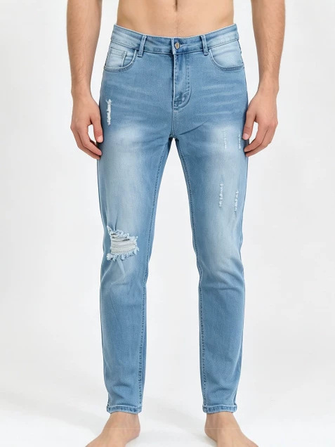 Jeans Ajustados para Hombre de Algodón, Poliéster y Spandex, Elásticos y con Rotos, para Uso Casual