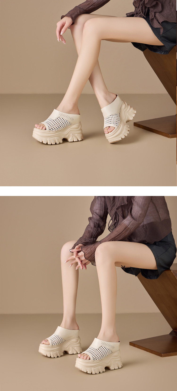 Dép sandal nữ quai chữ V đế bánh mì cao 13cm, chất liệu nhựa dẻo thoáng khí — màu đen, màu trắng ngà, Vàng nhạt, bạc chi tiết 7