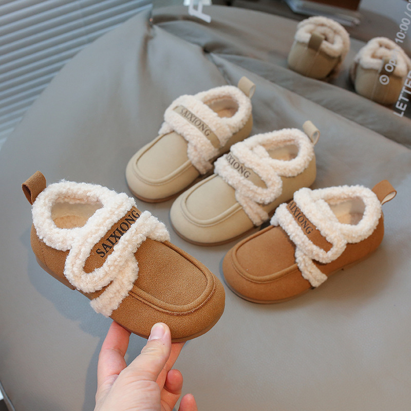 Scarpe per bambini in cotone 2024 in pelle scamosciata con suola morbida per ragazzi e ragazze, scarpe calde versatili per bambini in lana d'agnello_voghion.com