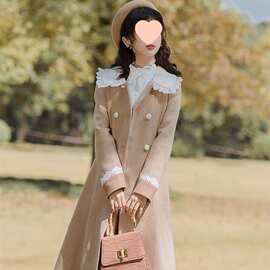 法式加绒加厚娃娃领呢子大衣女秋冬显瘦洋气质风衣中长款毛呢外套