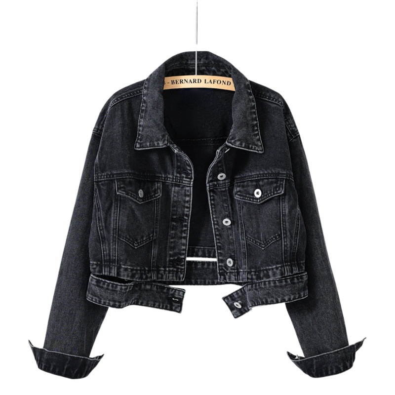 Chaogang Style Fried Street Denim Jacket Women's Spring and Autumn New Retro Black High Waist Chic Denim Short Jacket Top