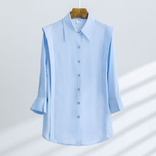 浅蓝衬衫女设计感小众2022春新款中袖职业衬衣方领工装正装七分袖