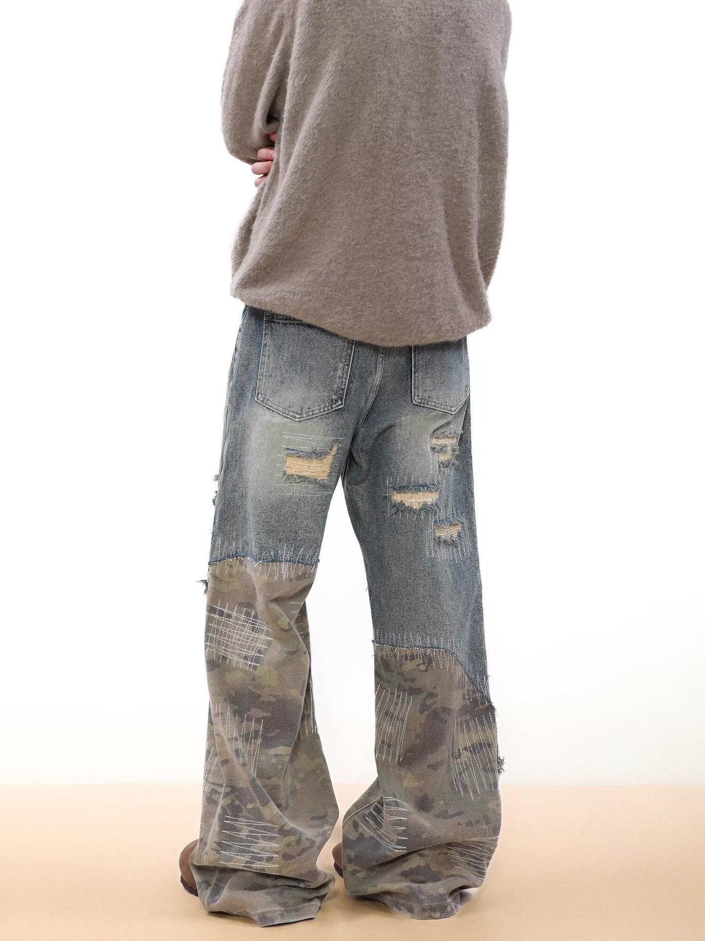 Jeans uomo vintage denim distressed patchwork camouflage blu_voghion.com