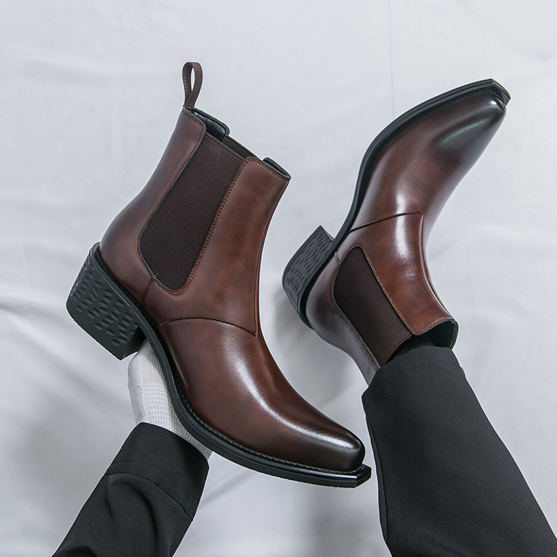 Cross-Border Men's Shoes, Large Size Martin Boots, Men's Pointed Leather Boots, Thick-Soled High-Heeled Chelsea Boots, British Style Height-Increasing Short Boots