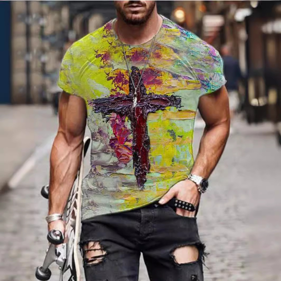 유럽과 미국 남성 캐주얼 크로스 프리즘 프린트 티셔츠 스트리트 힙 스터 아마존 소원 AliExpress New