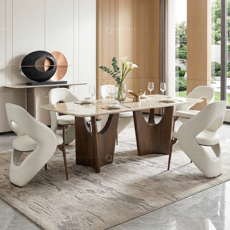 Juego de Comedor de Mármol y Acero Inoxidable para 10 Personas Rectangular Desmontable para Restaurante