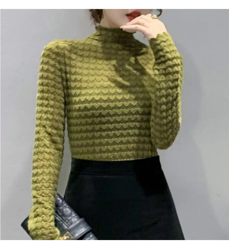 Maglia termica da donna a maniche lunghe con scollo a lupetto e pizzo floccato - Elegante capo da indossare a strati per l'autunno e l'inverno_voghion.com