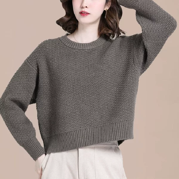 Solid Color Round Neck Pullover Knitted Sweater for Women 2026 Early Autumn New Style Loose Short Casual Simple Style Top Women's Clothing