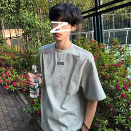 灰色圆领刺绣字母短袖T恤男女夏季潮牌宽松衣服情侣正肩体恤上衣