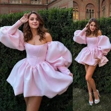 跨境一字肩短款小礼服宴会派对生日粉色小个子粉色缎面晚礼服批发