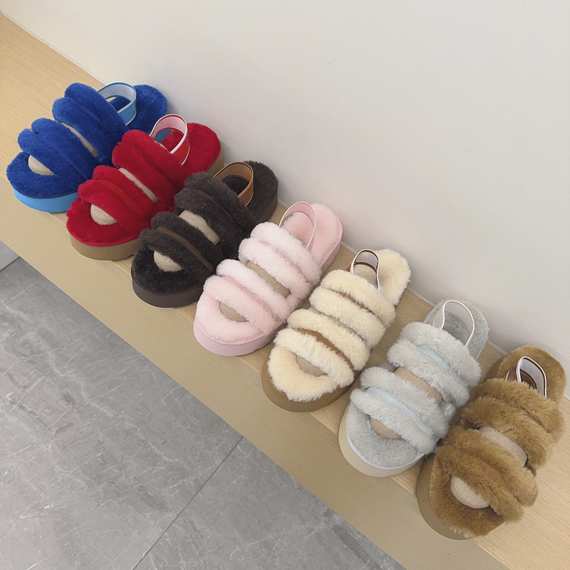 2026 cross-border foreign trade thick-soled slippers, women's snow boots, double-strap furry thick-soled long-pile plush large-size furry slippers