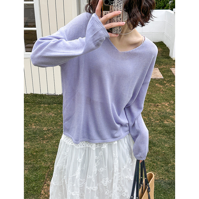 Tangerine Zhi Spring New K-Style Soft and Gentle Style V Neck Casual Blouse Sun Protection Knitwear Women's Top 51273