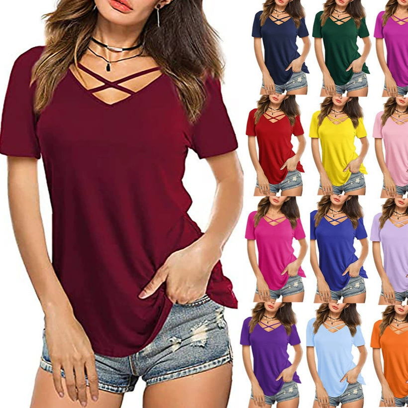 2022 Европейская и американская внешняя торговля, трансграничная Новая женская Свободная футболка Amazon с перекрестным V-образным вырезом и короткими рукавами для женщин
