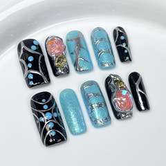 甜酷辣妹美甲貼片手繪金屬造型手工穿戴甲歐美中長方穿戴式指甲貼
