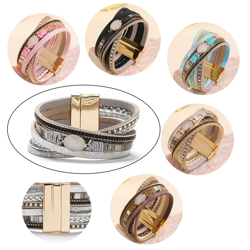 Cross-border Bracelet bangles Bohemian PU Bracelet Snake Pattern Multi-layer Overlapping Personalized Magnetic Buckle Leather Bracelet