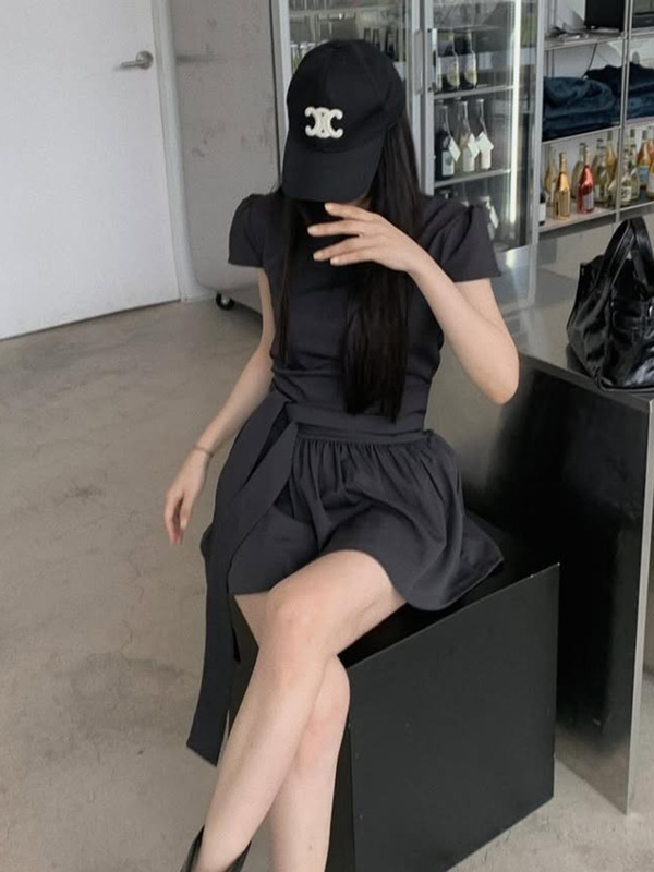 法式简约纯色绑带褶皱A字短裙女跨境圆领气质通勤收腰显瘦连衣裙|undefined