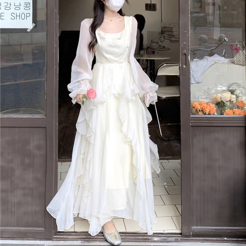 Platycodon French Ankle-Length Dress Super Fairy White 170 Extended Version 175 Extra Long Dress for Tall Girls Platycodon French Ankle-Length Dress Super Fairy White 170 Extended Version 175 Extra Long Dress for Tall Girls