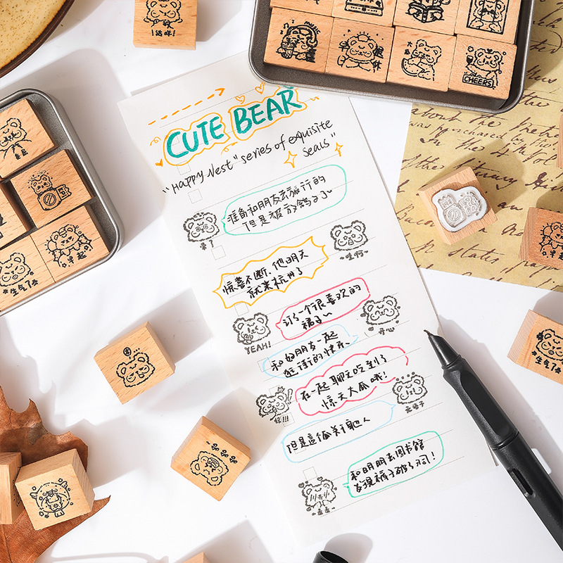 Felicidad nido pequeño animal de dibujos animados emoji avatar sello de madera libro de bricolaje decoración sello de haya