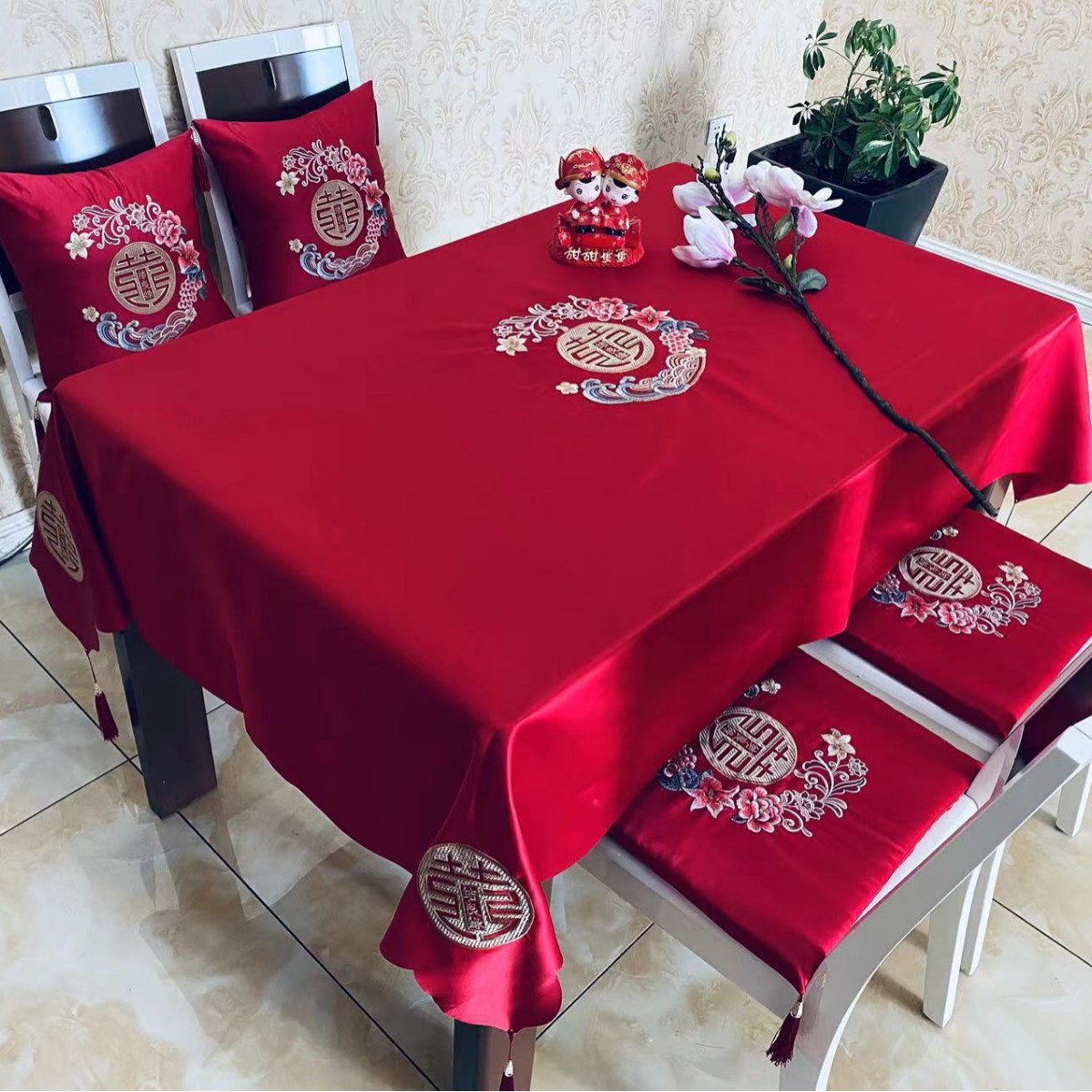 Tela de mesa de bodas, bandera de boda, mesa de té, tela roja china, ropa de mesa bordada, artículos de boda