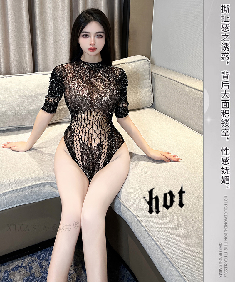 Plus Size Fishnet Bodystocking, Black Lace Full-body Jumpsuit, Sheer One-piece Lingerie — detail image 9