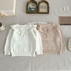 Autumn and winter new style girl's pullover lotus leaf collar sweater baby girl's round neck hollow forest style thin sweater