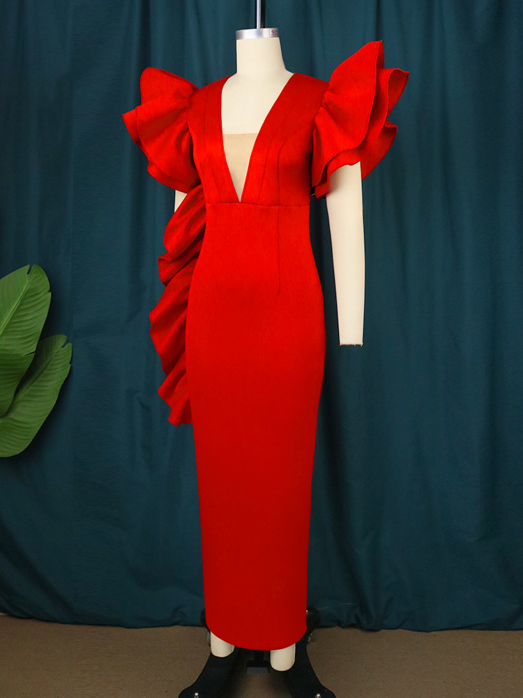 Women's Clothing deep V sexy low cut dress plus size ruffled banquet dress _voghion.com