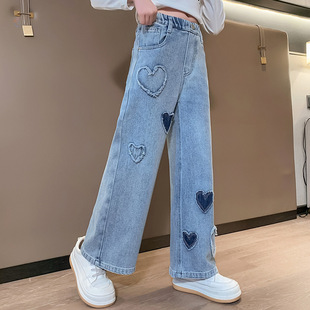 Girls' Heart Raw Edge Denim Wide-Leg Pants 2025 New Pants Kidsren's Loose Medium and Large Kidsren's Outer Wear Spring & Fall Pants