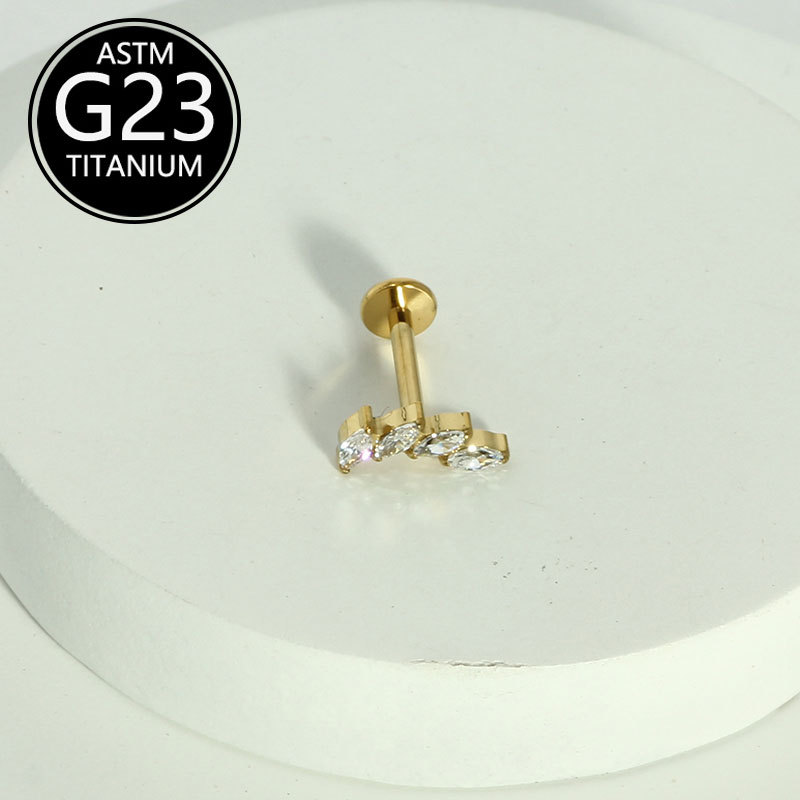 F136 Titanium Micro-Inlaid Zirconia Four-Prong Flat-Bottom Internally Threaded Lip Stud Cartilage Ear Bone Stud Lip Ring detail image 6