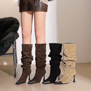 858-11 Stiletto High Heels Pointed Fold Stacked Boots Women's Long Boots Wide Boots Over Knee High Boots Knight Boo