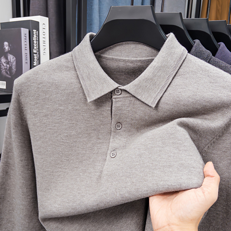 Wool Knitwear Thin Lapel Long-Sleeved Polo Shirt for Men 2025 Autum Middle-Aged and Elderly Dad's Bottoming Shirt for Men