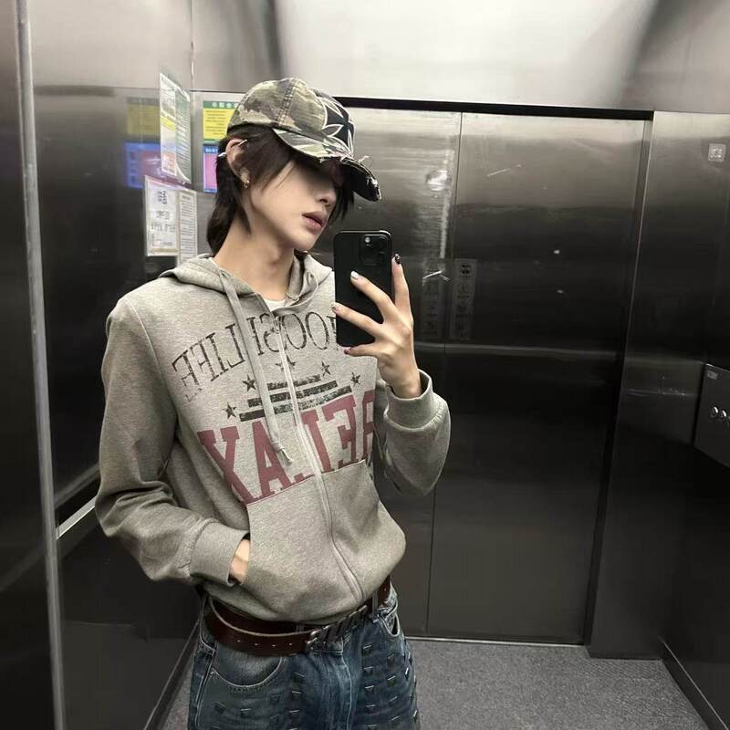 Cross-border American retro loose casual distressed full-print zip-up niche design hooded sweatshirt jacket for couples Cross-border American retro loose casual distressed full-print zip-up niche design hooded sweatshirt jacket for couples