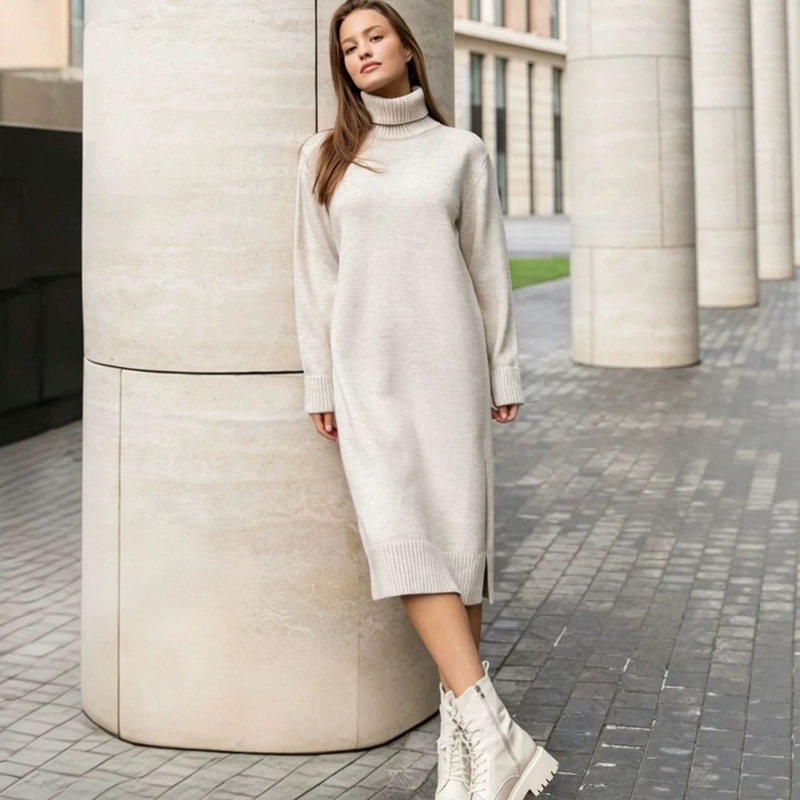 Cross-Border European and American Women's Autumn and Winter High-Neck Knitted Dress, Loose Slit Mid-Length Long-Sleeve Sweater Dress