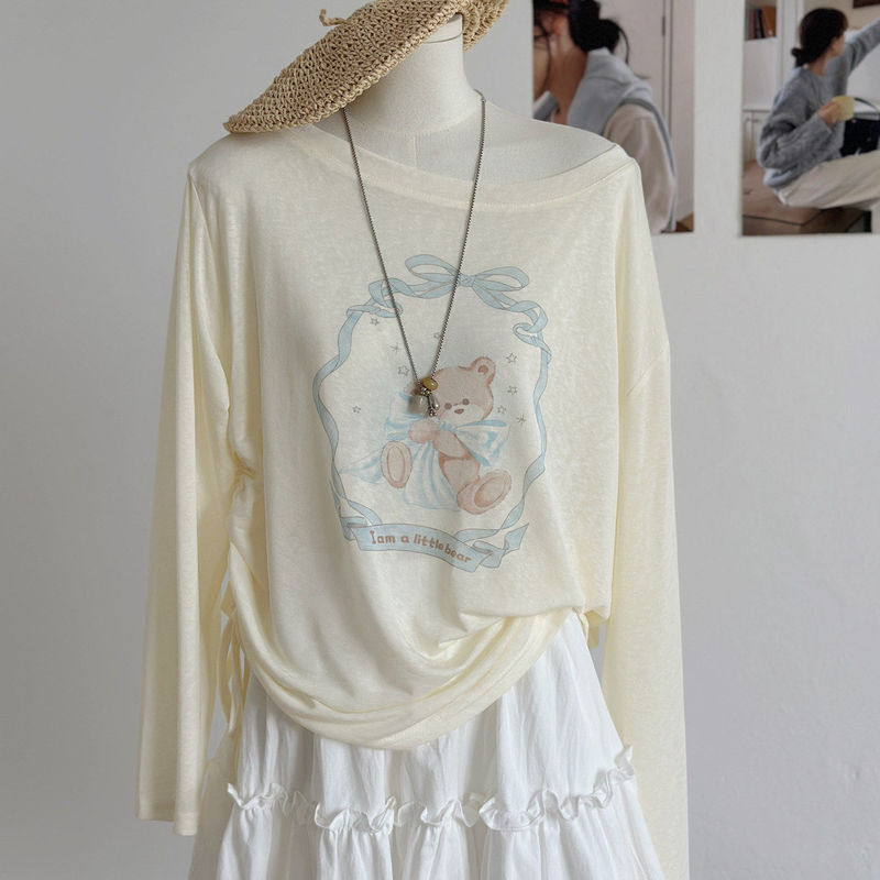 2026 Summer New Style One-Line Neckline Off-Shoulder Long-Sleeve Drawstring Sun-Protective T-Shirt for Women, Bear Print Diagonal Neckline Loose Cover-Up Top 2026 Summer New Style One-Line Neckline Off-Shoulder Long-Sleeve Drawstring Sun-Protective T-Shirt for Women, Bear Print Diagonal Neckline Loose Cover-Up Top
