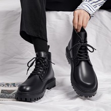 馬丁靴男黑色低幫冬季加絨真皮厚底內增高英倫風工裝短靴中幫短靴