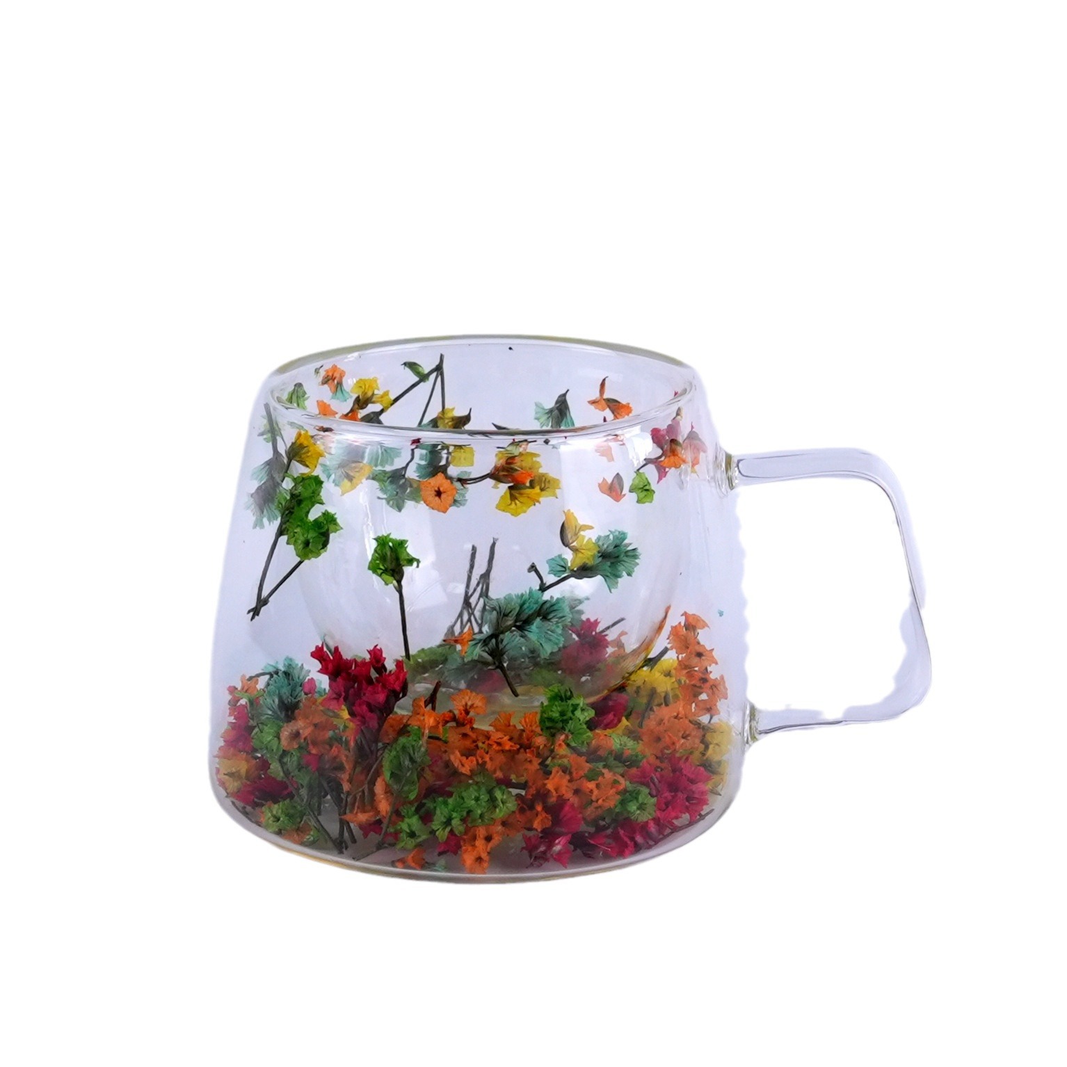 Flores verdaderas tazas de vidrio de doble capa, tazas de té de leche de doble capa de vidrio resistente al calor creativo, tazas de té de doble capa de flores incrustadas