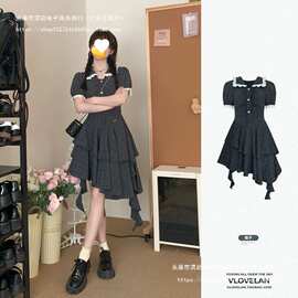 夏季韩系气质娃娃领格子连衣裙甜美温柔风收腰显瘦拖尾蛋糕裙