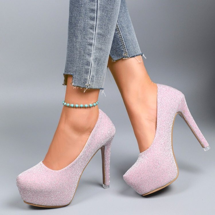 Foreign trade plus size high heels high heels waterproof platform fashion sequins nightclub 2024 new high heels women's shoes