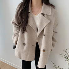 韩国chic秋冬法式气质西装领双排扣宽松休闲百搭长袖短款毛呢外套