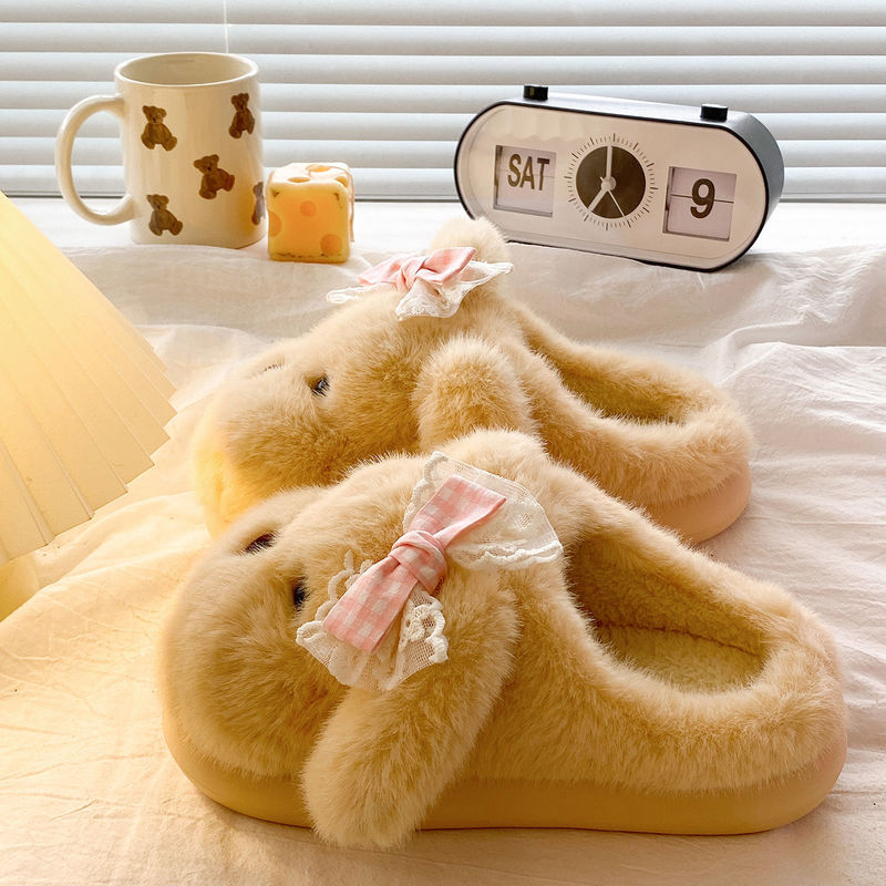 Women's cotton slippers, indoor home slippers, thick-soled, warm, Korean-style, cute, with a heel wrap, and faux rabbit fur lining, perfect for winter Women's cotton slippers, indoor home slippers, thick-soled, warm, Korean-style, cute, with a heel wrap, and faux rabbit fur lining, perfect for winter