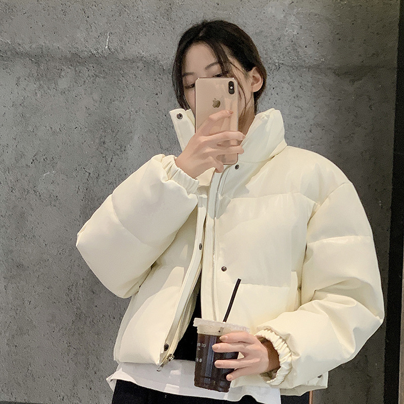 中欧美新短款2024小个子立领羽绒棉服女PU皮加厚棉袄棉衣外套潮流|undefined