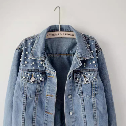 Women's European Plus Size Denim Jacket with Embroidered Beads and Diamond Decoration, Student Style Jacket, Loose Fit