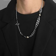 个性嘻哈珍珠镶钻链条拼接潮小众设计一字扣钛钢项链毛衣链男