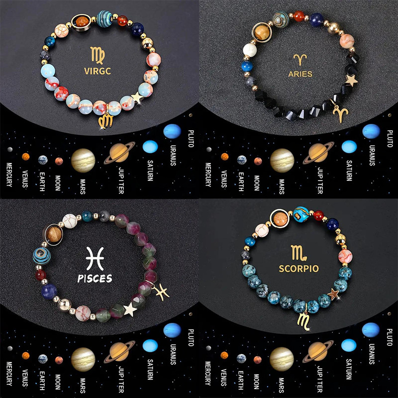 Amazon Tk Cross-Border Popular Twelve Constellation Bracelets Natural Stone Beaded Eight Planets Bracelets 12 Constellation Bracelets