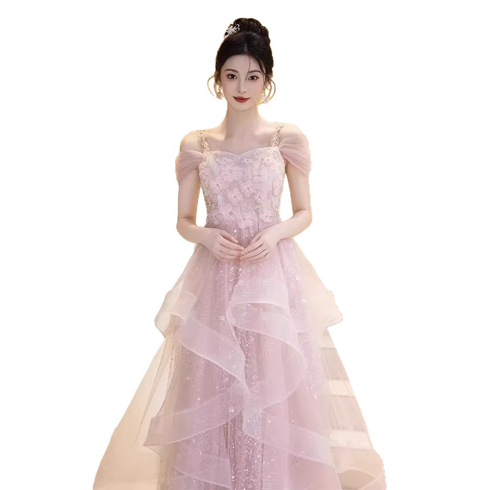 Elegant Pink Strapless French Evening Gown For Banquet, Engagement Party And Host Occasion_ecoleips.com