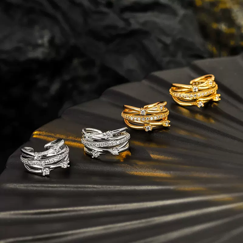 E5311 韩版简约S925纯银镂空叠层几何耳环女ins冷淡风镶钻耳夹