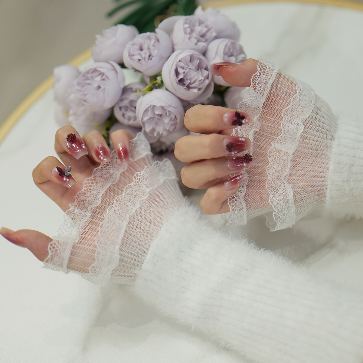 唯美温柔假袖口毛衣卫衣装饰花边袖套女网纱蕾丝喇叭袖口美甲拍照