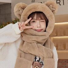 毛绒帽子围巾一体女冬围脖小熊可爱秋冬季洋气百搭时尚保暖护耳帽