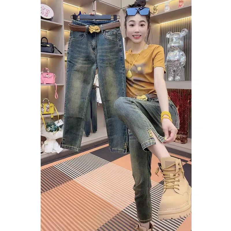 Plus-Size Stretchy Split Hem Jeans for Women, Summer Thin Style, High-Waisted, Slimming, Straight-Leg, Cropped Pants for Petite and Curvy Figures