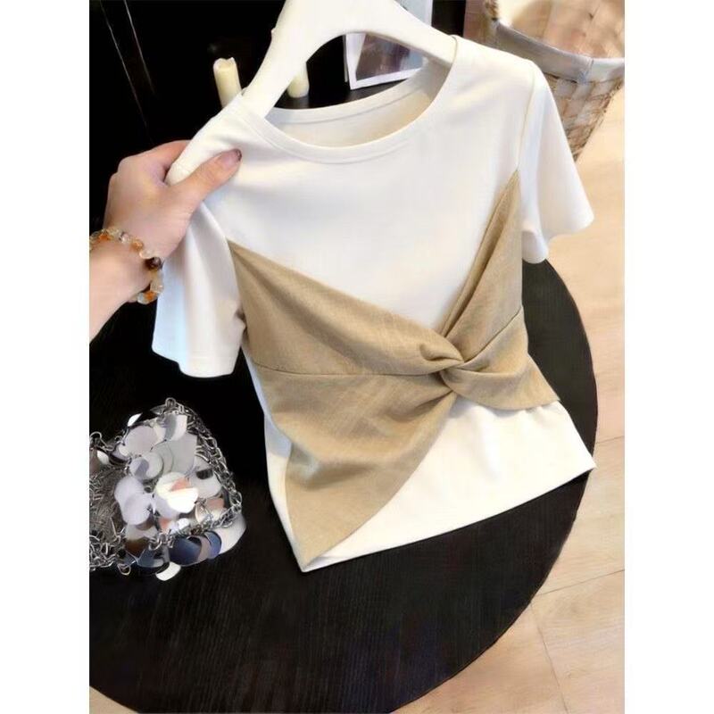 Stylish Faux Two-Piece Short-Sleeve T-Shirt for Women, Summer 2026, Slim Fit, Trendy, Irregular Top