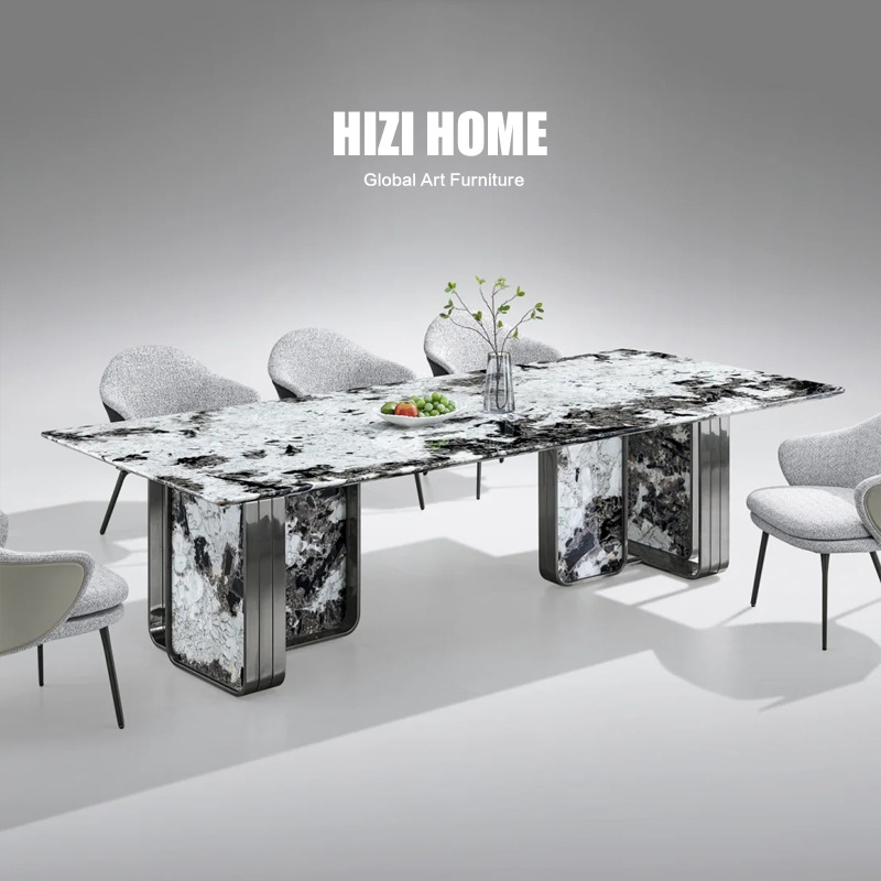 Italian Minimalist Golden Peacock Natural Luxury Stone Dining Table 2.8m Accessible Luxury High-End Rectangular Dining Table House Large Apartment